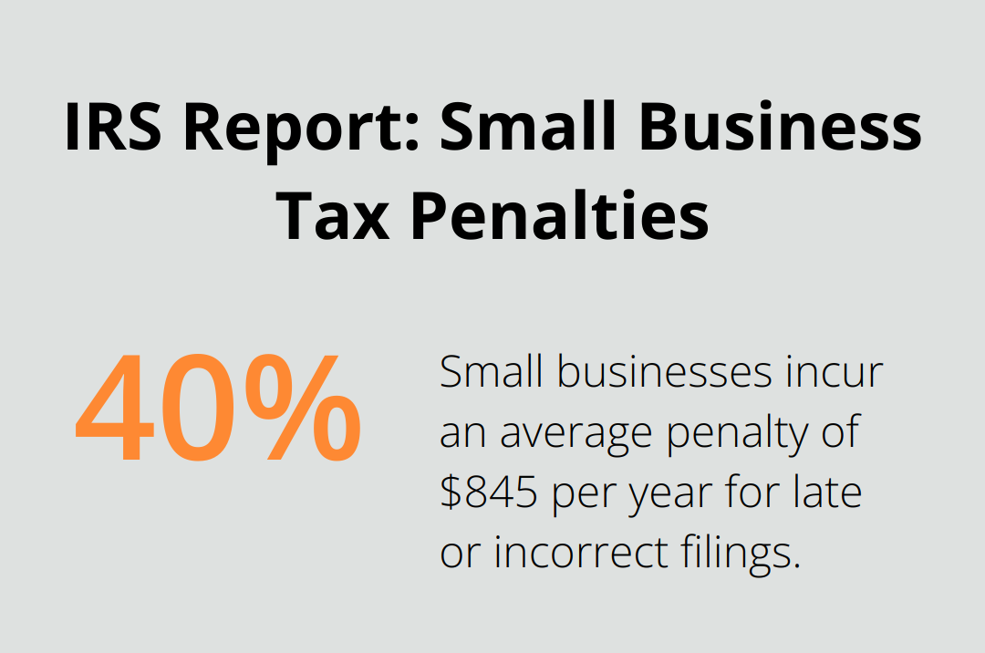 A percentage chart showing that 40% of small businesses incur an average penalty of $845 per year for late or incorrect filings. - what do bookkeeping services include
