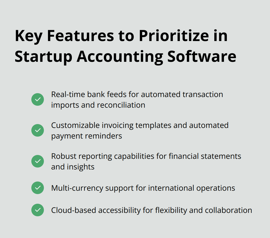 Checkmark list of essential features to look for in startup accounting software: real-time bank feeds, customizable invoicing, robust reporting, multi-currency support, and cloud-based accessibility.