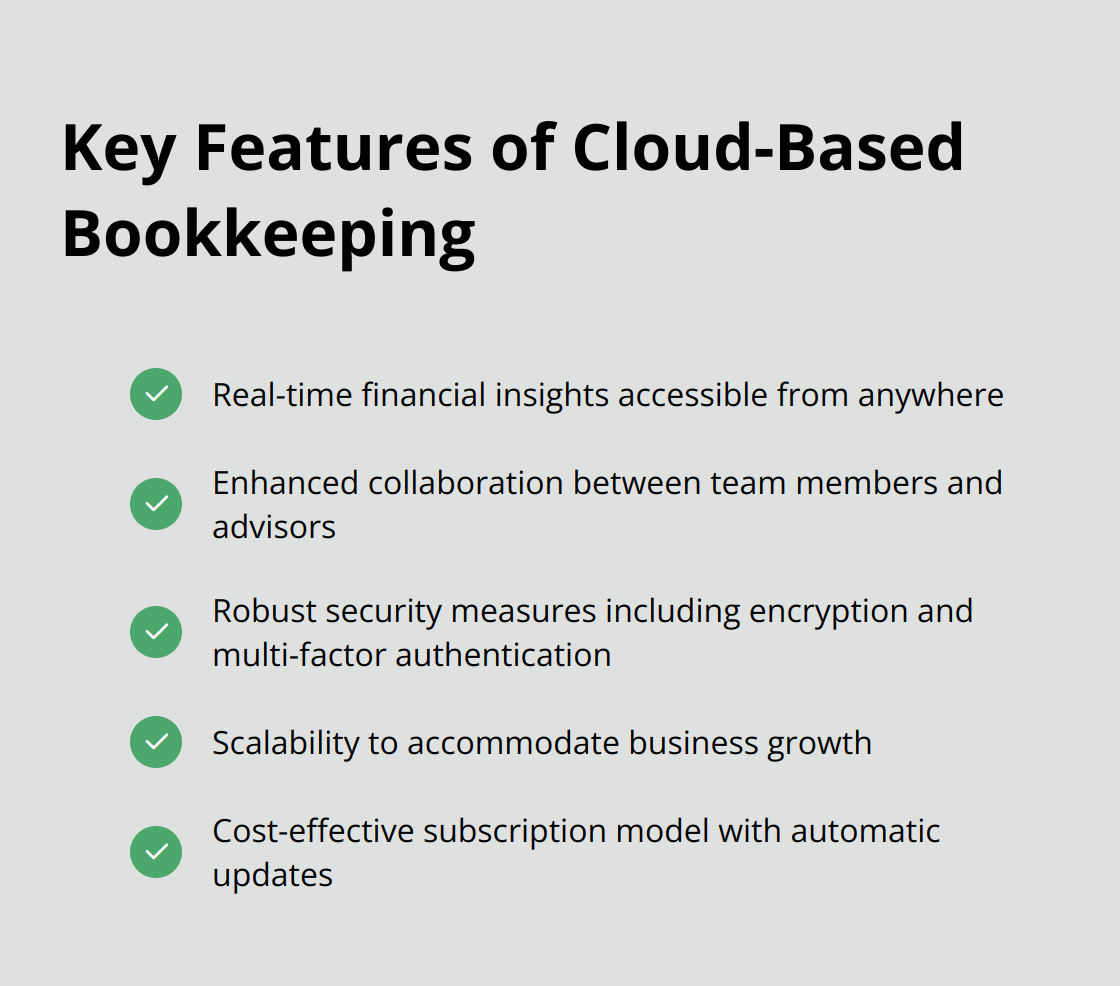 Checkmark list showing five key features of cloud-based bookkeeping services - different types of bookkeeping services
