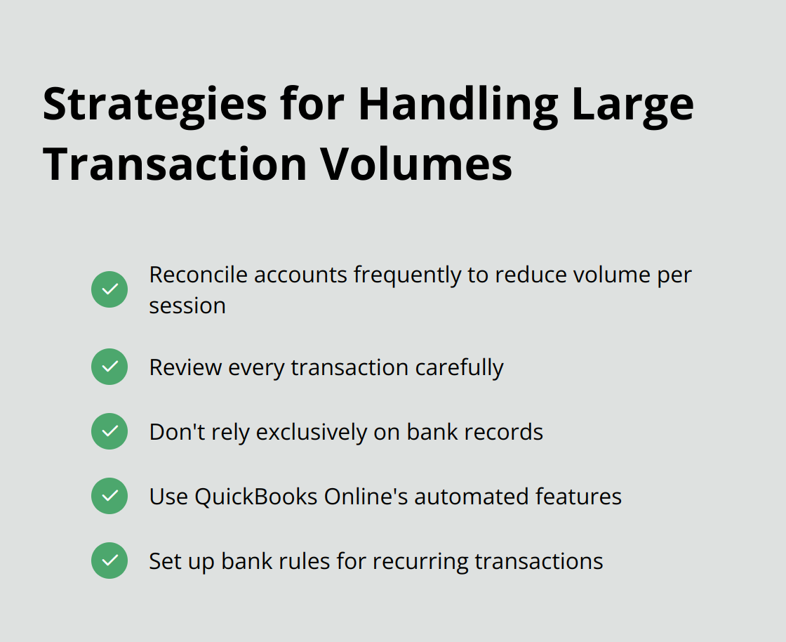 A checkmark list chart showing five strategies for handling large transaction volumes in QuickBooks Online reconciliation: frequent reconciliation, reviewing every transaction, not relying solely on bank records, using automated features, and setting up bank rules.