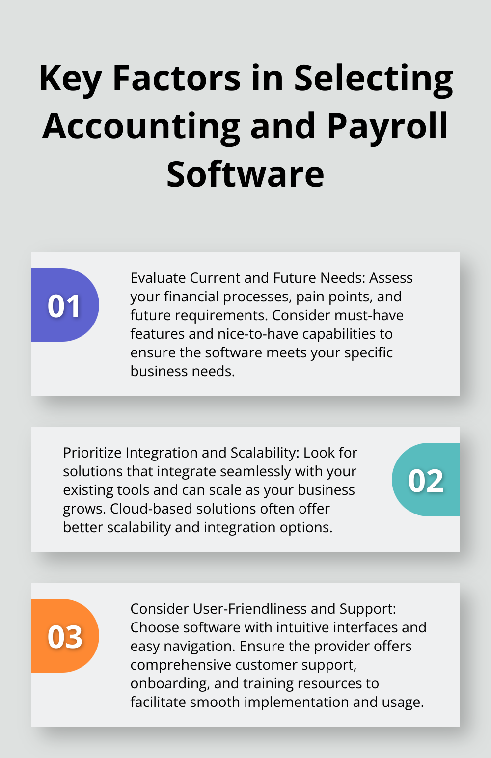 Ordered list chart showing three important factors to consider when choosing accounting and payroll software