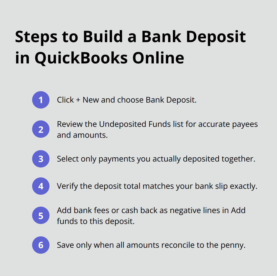Compact step list for creating and verifying a Bank Deposit in QuickBooks Online